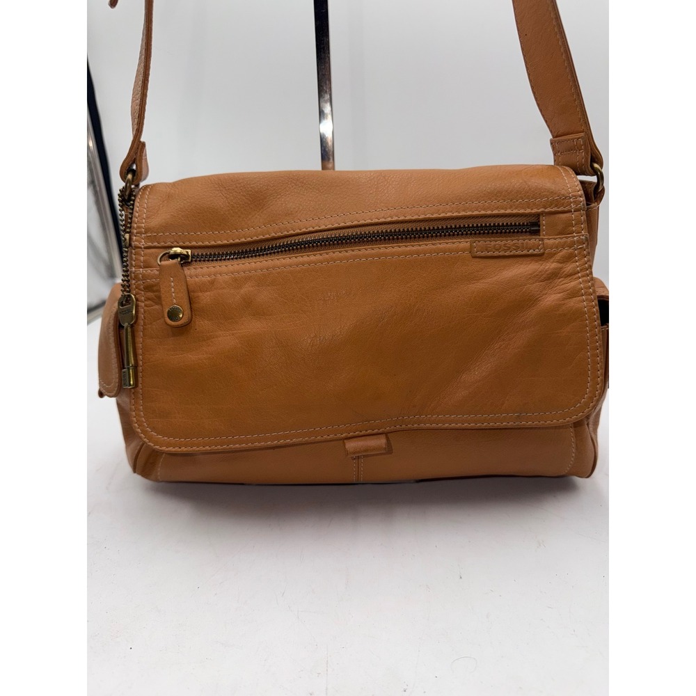 Fossil Janet Tan Leather Crossbody Messenger Bag Cargo Pockets Brass Hardware